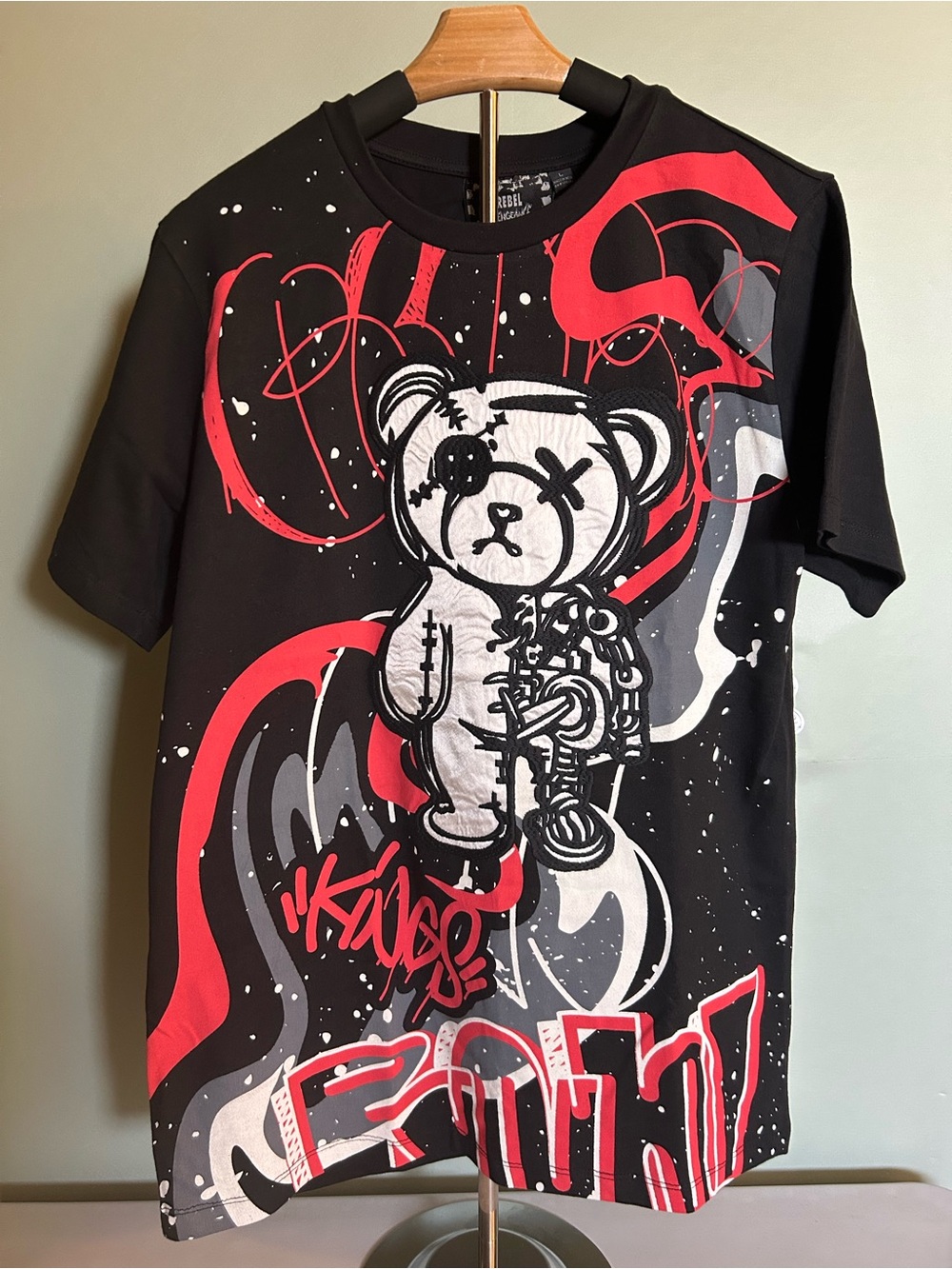 Rebel Vengeance T-Shirt Size  L Black Tee with Red & White Teddy Bear Graphic